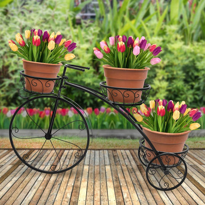 Tricycle Plant Stand - Flower Pot Cart Holder Parisian Style (Black) Black Modern Contemporary Round Metal