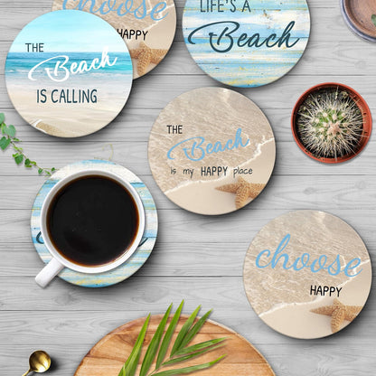 Britimes Coaster for Drinks Set of 6, Beach Shell Antique Teal Blue Table Absorbent Round Ceramic Stone Mat, with Cork Base and Metal Holder, Gift for Housewarming Room Bar Decor