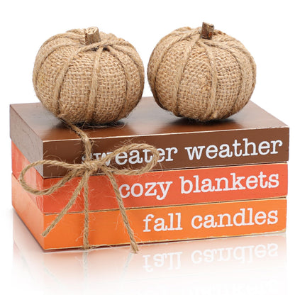 KORMMCO Thanksgiving Decor, Fall Tiered Tray Decor, Wood Book Stack with Maple Leaves & Pumpkins, Farmhouse Mini Decorative Books Bundle, Fall Decor for Table