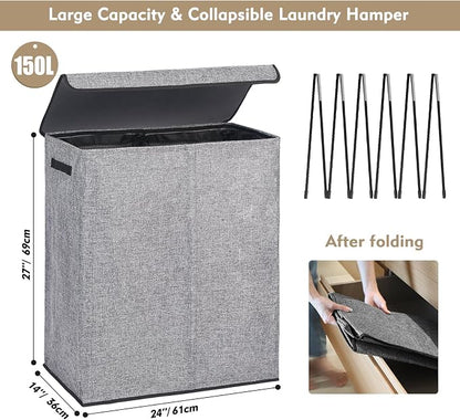 DOKEHOM 150L Extra Large Laundry Hamper with Lid, 2-Section Double Laundry Basket with Removable Mesh Liner Bags, Collapsible Clothes Sorter for Family, Bedroom, Laundry Room, Grey