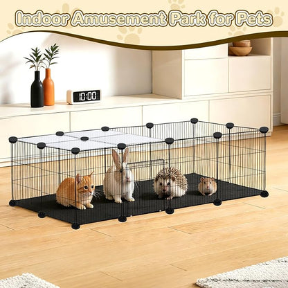 PETKNOWS 21 Panels Small Animal Playpen, Guinea Pig Cages with Doors and Waterproof Mat Pet Playpen for Rabbits Guinea Pigs Hamsters, Chicken Hedgehogs Indoor Outdoor Portable Metal Wire Yard Fence