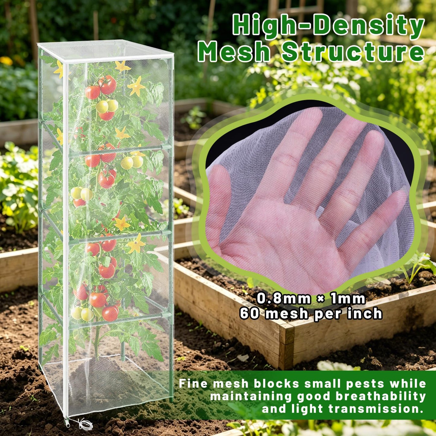 Cyrico Bird Netting Plant Cover for Tomato Cage, 3 Pcs Garden Mesh Cover with Zipper and Drawstring, Insect, Bird & Small Animal Protection Net for Vegetables, Fruits and Flowers, 59" x 17.7"
