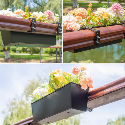 Holensun Railing Planter for Outdoor Plants 16 Inch Metal Rectangular Window Boxes with Adjustable Brackets and Drainage Hanging Flower Pots for Balcony Deck Railings Apartment Patio Decor Black(4PCS)