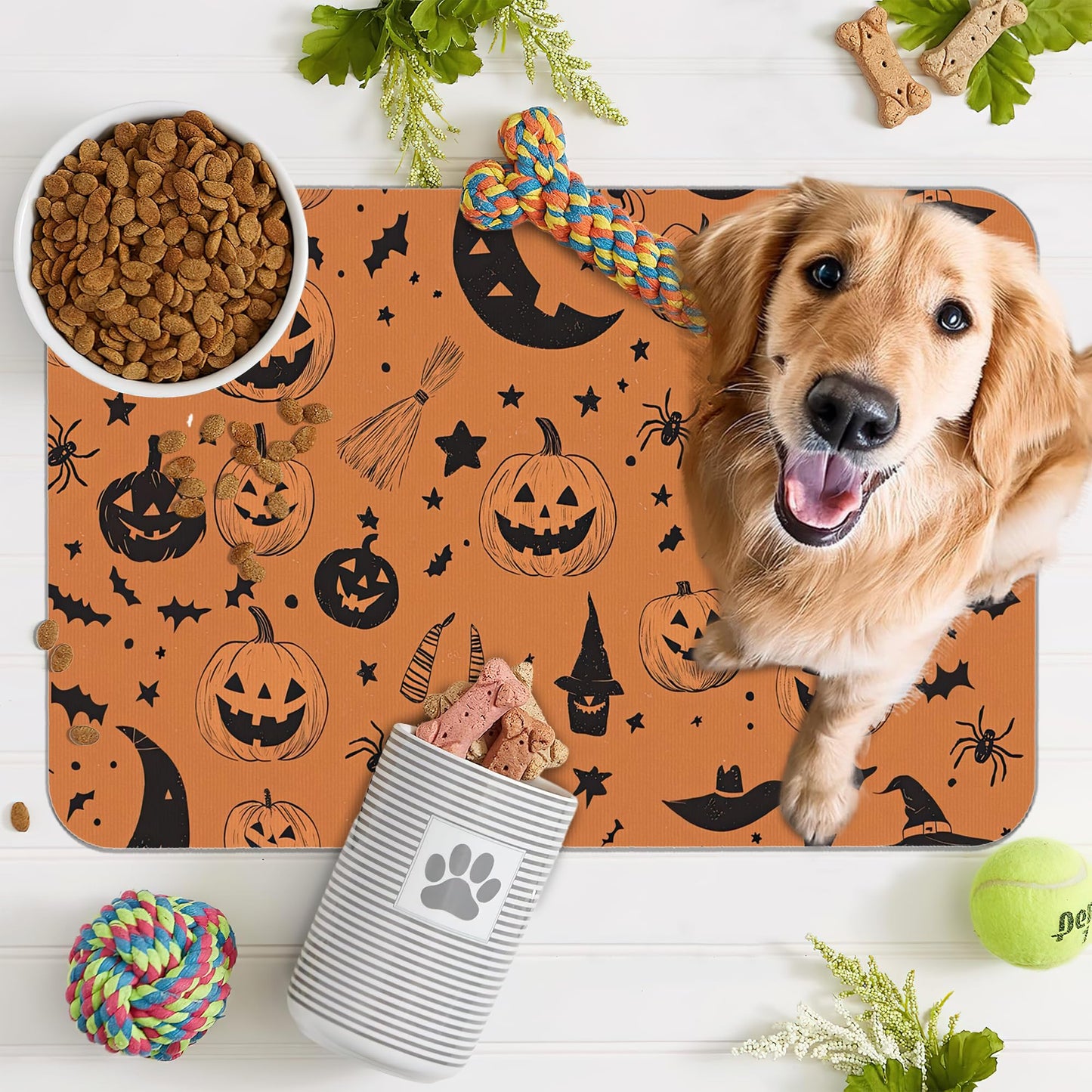Halloween Dog Food Mat for Floors,Pumpkin Bat Absorbent Quick-Dry Pet Feeding Mat,Cat Dog Bowl Mats for Food and Water,Non-Slip Pet Accessories Supplies 16"x24"