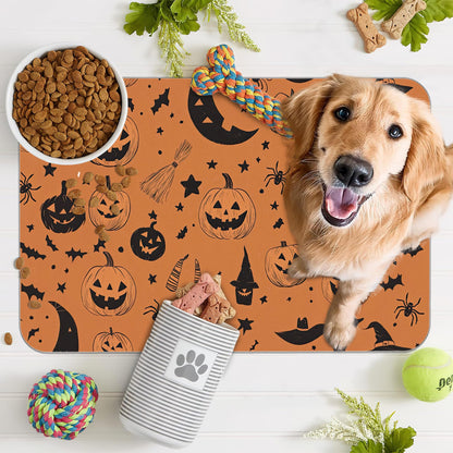 Halloween Dog Food Mat for Floors,Pumpkin Bat Absorbent Quick-Dry Pet Feeding Mat,Cat Dog Bowl Mats for Food and Water,Non-Slip Pet Accessories Supplies 16"x24"
