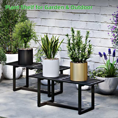 Rioneta Plant Stand Indoor Outdoor, Foldable Metal Plant Shelf for Multiple Pots, Mid Century Slatted Bench for Patio Garden, Heavy Duty Capacity 330 lbs 2 Pack Black