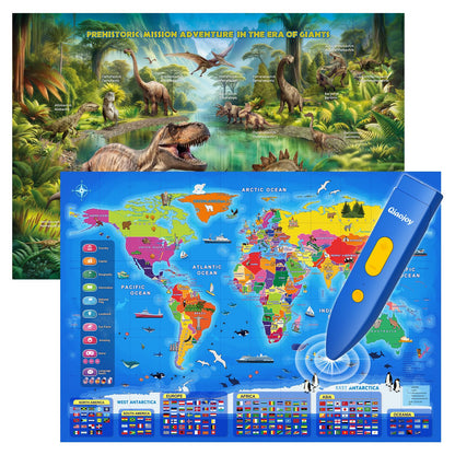 Bilingual Interactive Kids Talking World Map & Dinosaur Poster for Kids Learning and Educational Toys, Talking Educational Toys for 3 to 12 Years Old Girls/Boys, Preschool Learning Chart