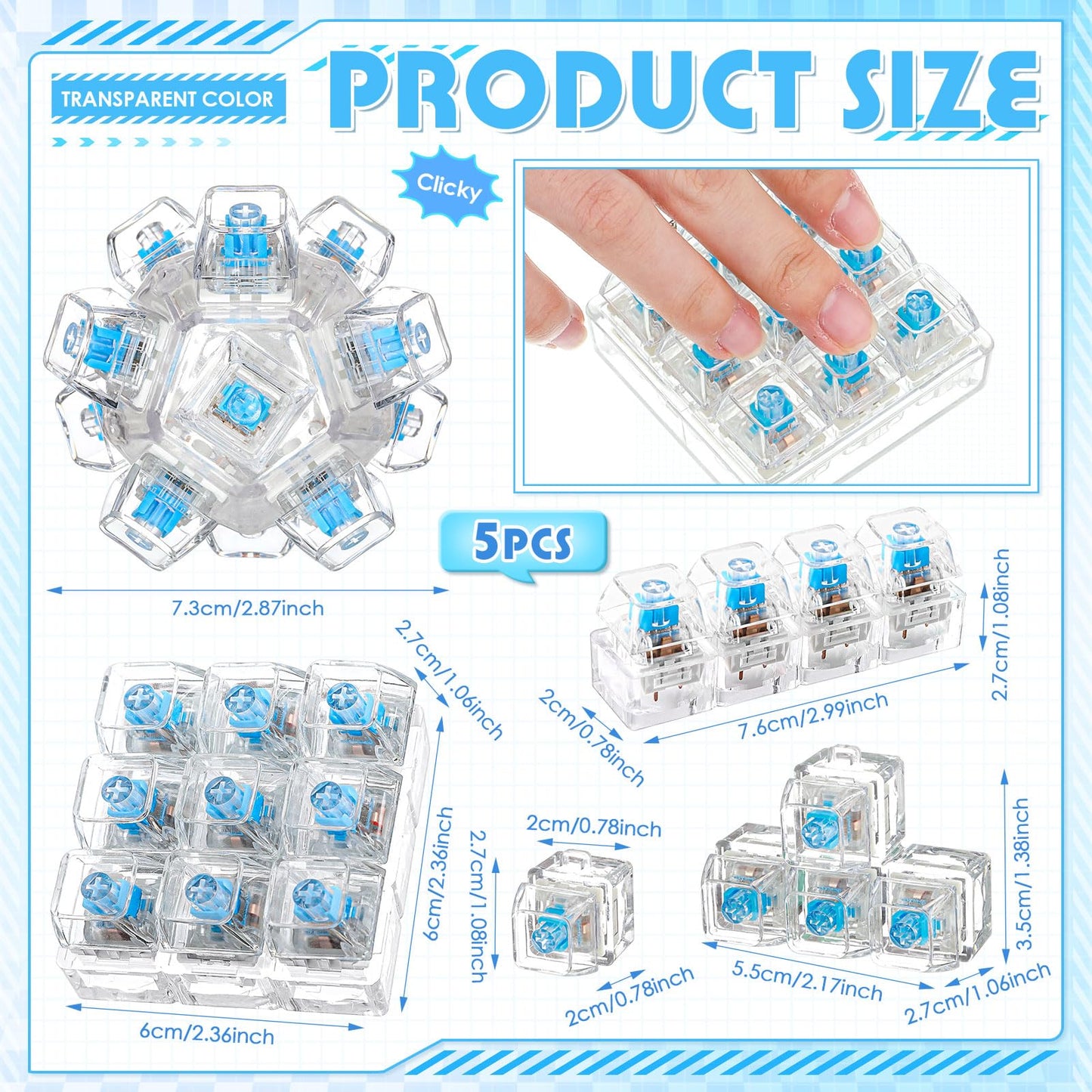 Halloscume 5 Pcs Keyboard Adult Fidget Clicker in 5 Styles Keyboard Fidget Keychain Cube Mechanical Key Button Clicker Stress Relief Gift for Office Home Pass Time(White Transparent)