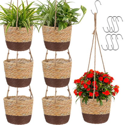 Ferrochef 6 Pcs Seagrass Hanging Planter Basket Hand Woven Plant Basket with Plastic Liners Hanging Plant Holder Storage Containers with Cotton Rope for Indoor Garden Decor (Small,Brown,Coffee Brown)