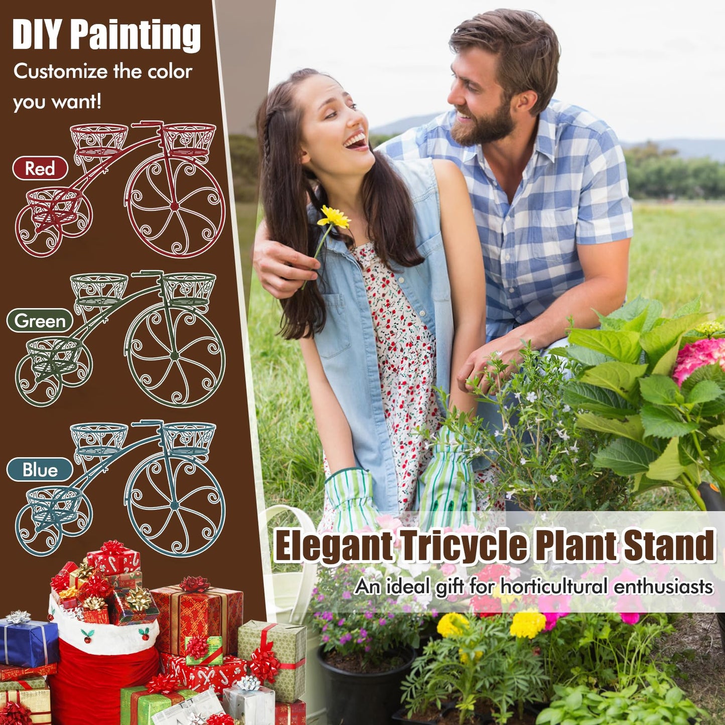 CHEFJOY Metal Bicycle Planter, 3-Tiers Flower Cart Display Stand with 3 Wheels & Iron Baskets, Decorative Cart plant stand for Garden, Patio, Indoor, Outdoor (Bronze)