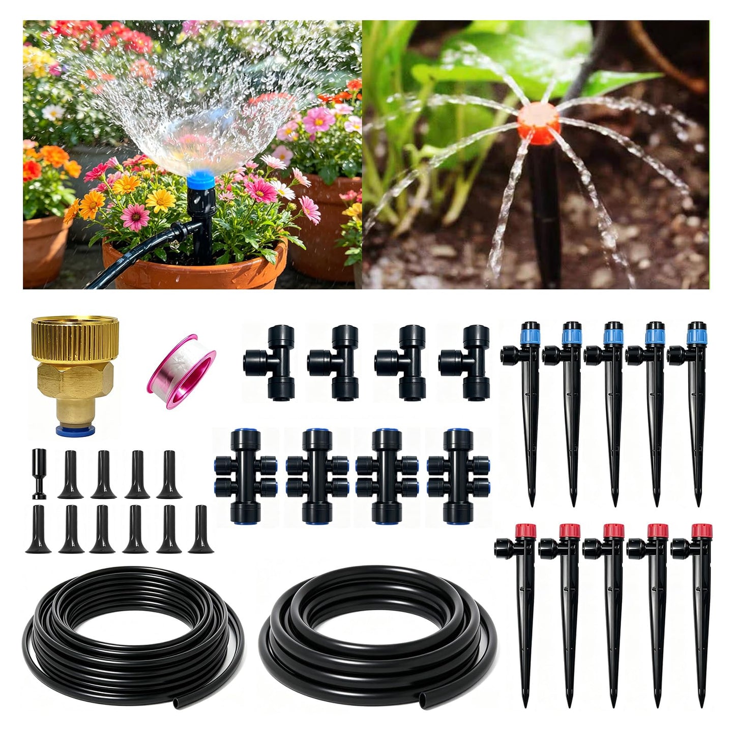 Torioweg Drip Irrigation System, 3/4" Brass Connector Garden Watering System Kit with Adjustable 360° Umbrella & Drip Emitters for Greenhouse, Garden Grid, Lawn, Potted Plant (16FT+ 79FT)