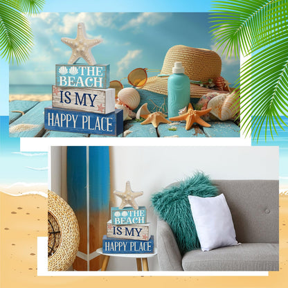 Moucuny 4 Pcs Summer Table Decoration Beach Tiered Tray Decor Starfish Coastal Rustic Wooden Block Sign Gifts Blue and White Ocean Centerpieces Farmhouse Beach Nautical Decor for Home Shelf Mantel