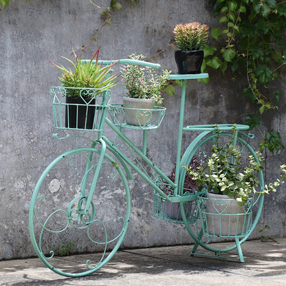 Bicycle Plant Stand Flower Pot Holder with 4 Baskets for Outdoor Garden Patio Wrought Iron Planter Display Rack for Home Deck Green