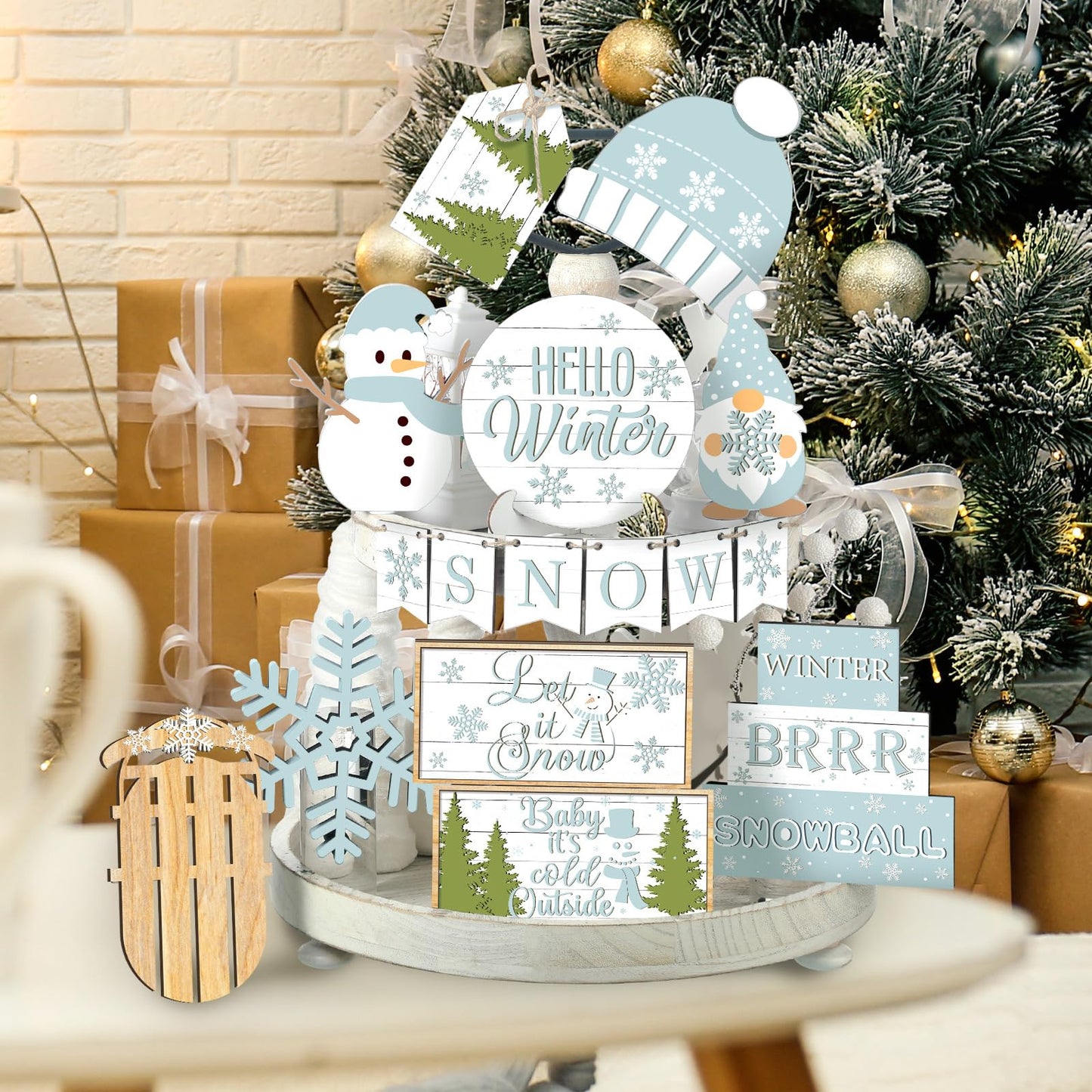FairySandy 15 Pcs Winter Tiered Tray Decor Snowman and Snowflakes Wooden Signs Farmhouse Winter Tiered Tray Decorations Set Wood Table Decor for Holiday Home Kitchen