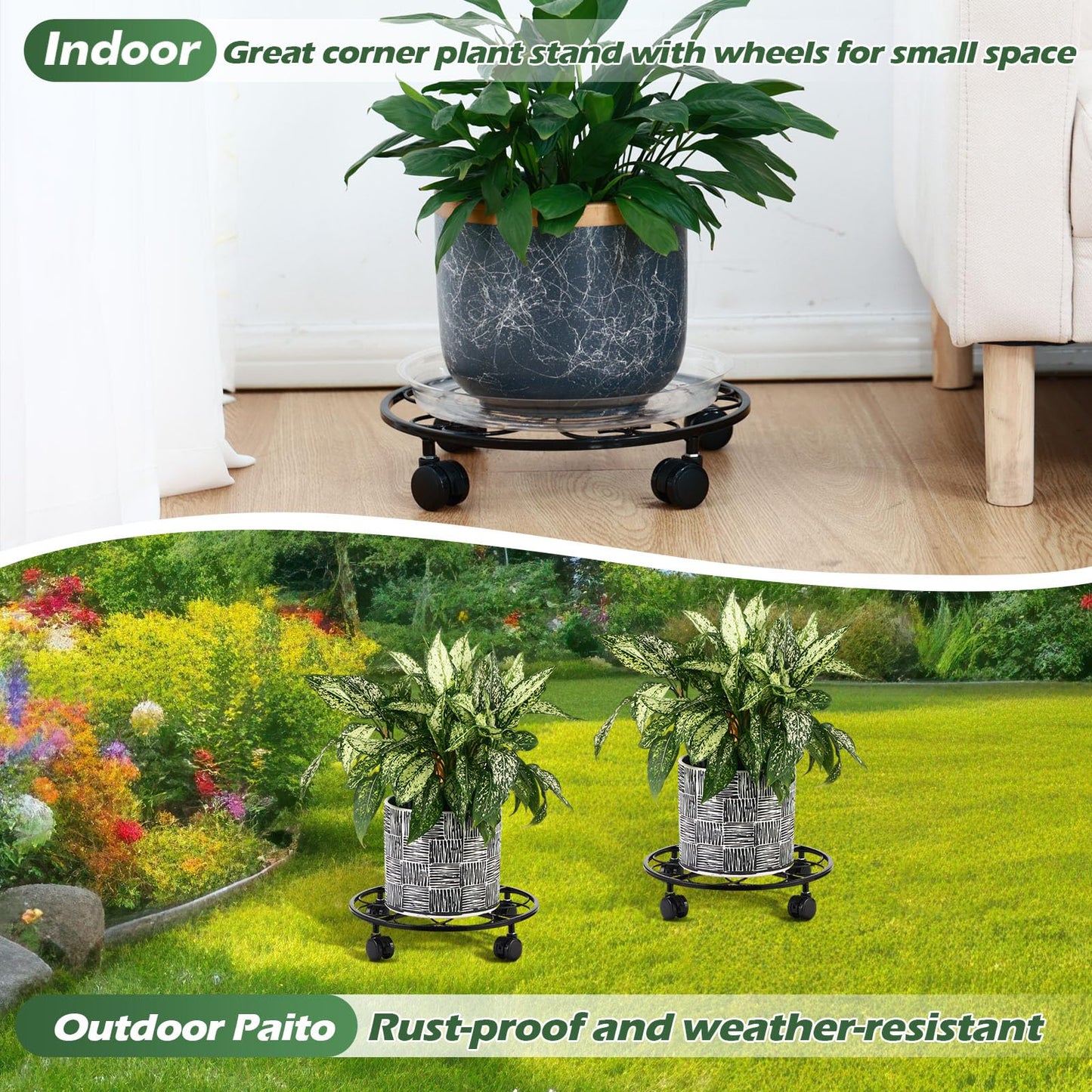 DEELF OUTLET 3 Packs 12 inches Large Metal Plant Caddy with Wheels Round Planter Dolly Pot Mover Rollers Wrought Iron Rolling Plant Stands Indoor Outdoor Wheeled Plant Holder Coaster Trolley, Black