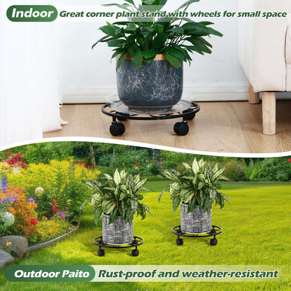 DEELF OUTLET 3 Packs 12 inches Large Metal Plant Caddy with Wheels Round Planter Dolly Pot Mover Rollers Wrought Iron Rolling Plant Stands Indoor Outdoor Wheeled Plant Holder Coaster Trolley, Black