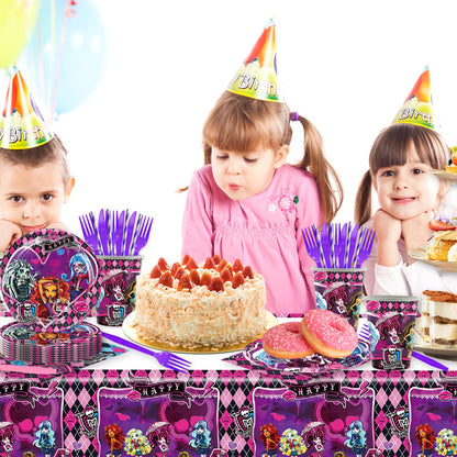 141Pcs Monster Academy Party Supplies Gothic Paper Plates (9"+7"), Cups, Napkins, Forks, Knives, Straws, 1 Tablecloth Decorations with Skull, Bat Print for Birthday, Horror Movie Night Halloween