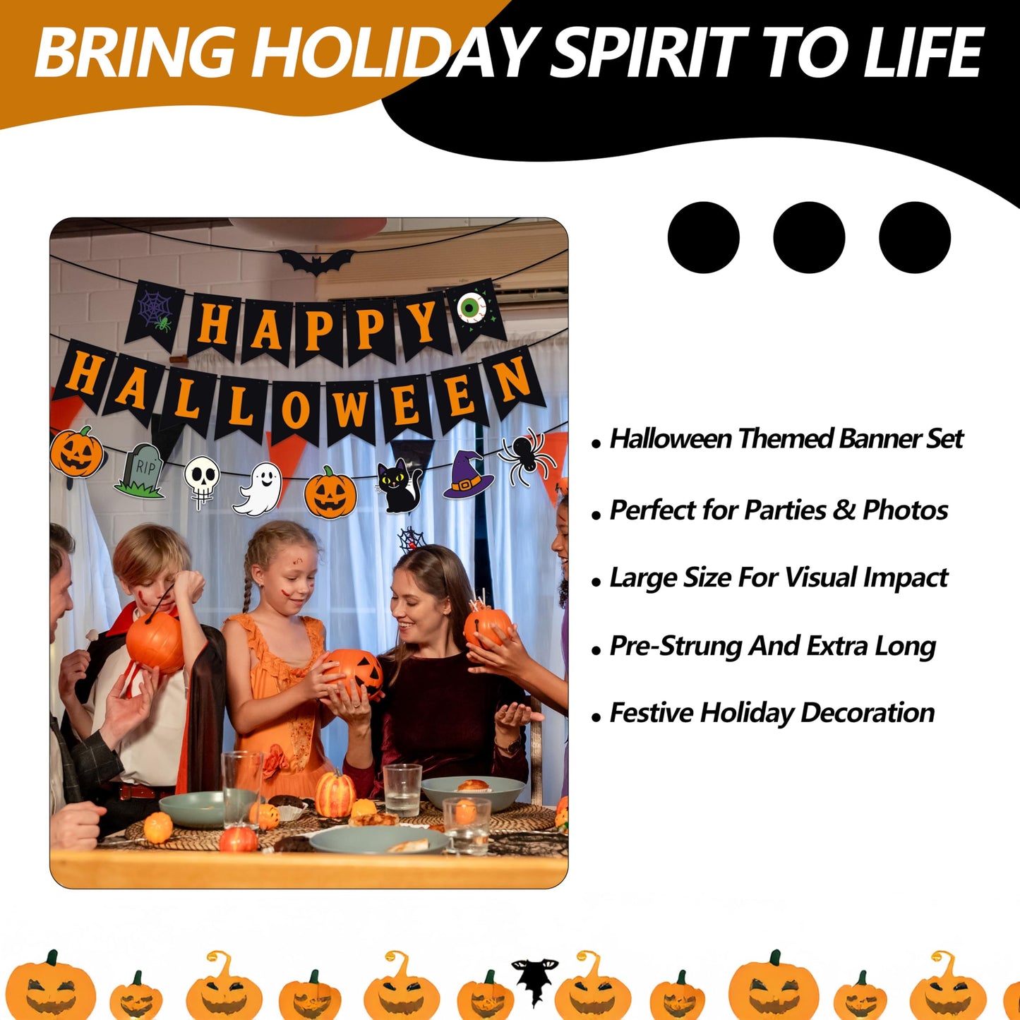 Happy Halloween Banner Garland – Black and Orange Hanging Decoration with Pumpkins, Ghost, Skull, Cat, Witch Hat, Bat, and Spider for Halloween Party, Classroom, Home, Wall, and Photo Booth Decor