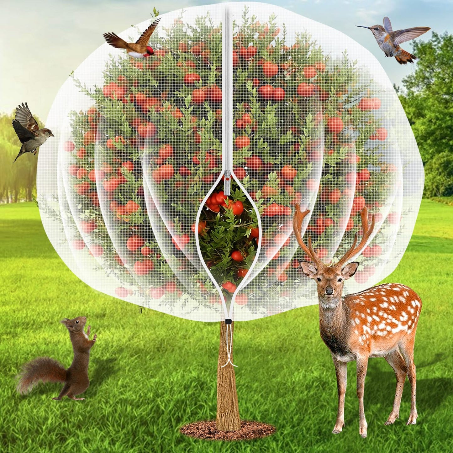 8'x8' Fruit Tree Netting Cover with Zipper and Drawstring, Ultra-Fine Mesh Garden Plant Insect Pest Net Barrier Protection Covers to Prevent Squirrel Bird Deer Cicadas Bag for Blueberry Tomato-1Pcs