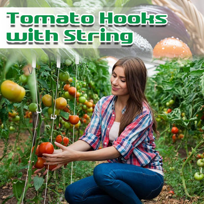Srmayyi 160 PCS Tomato Hooks with String,Tomato Holder Hooks with Plant Clips and 32.8ft Twine,Climbing Plants Support Hooks Flower Vine Twine Crop Trellis,Prevent Pinching or Falling Off
