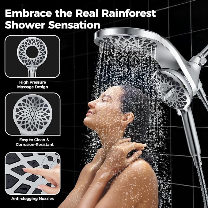 High Pressure Rain Shower Head with Handheld Spray Combo: Detachable Dual Shower Head with 10 Sprays Modes - Upgrade Knob Spray Mode Selector and Magnetic Guidance Docking System
