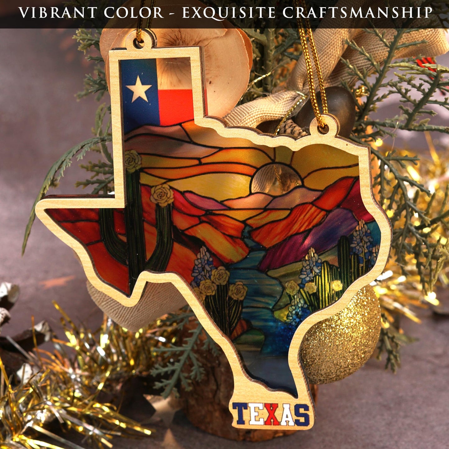 Texas Stained-Glass Look Ornament, Double-Layer Wood & Acrylic State Shape with Flag, Bluebonnets & Cactus, Christmas Ornament for Tree, Ready-to-Gift