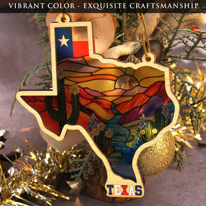 Texas Stained-Glass Look Ornament, Double-Layer Wood & Acrylic State Shape with Flag, Bluebonnets & Cactus, Christmas Ornament for Tree, Ready-to-Gift