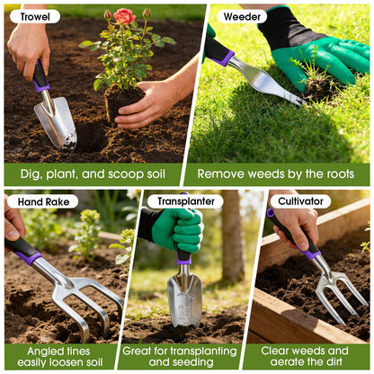 WOWBOX Garden Tools Set - 10 PCS, Heavy Duty Gardening Hand Tools Kit with Storage Tote, Rust-Resistant Gardening Supplies for Planting with Non-Slip Ergonomic Handle for Women and Men (Purple)