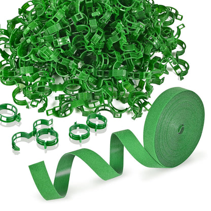 owandan 200Pcs Secured Plant Support Clips with Plant Ties 20mm 33ft - Tomato Clips Garden Tape Strap for Garden Netting Climbing Plants, Fixing Stem and Vine (Green)