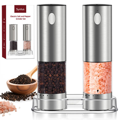 Syntus Electric Salt and Pepper Grinder Set USB-C Rechargeable, Stainless Steel Automatic Salt and Pepper Shakers with 6 Adjustable Coarseness High/Low Grinding Speed 95ML Large Capacity & LED Light