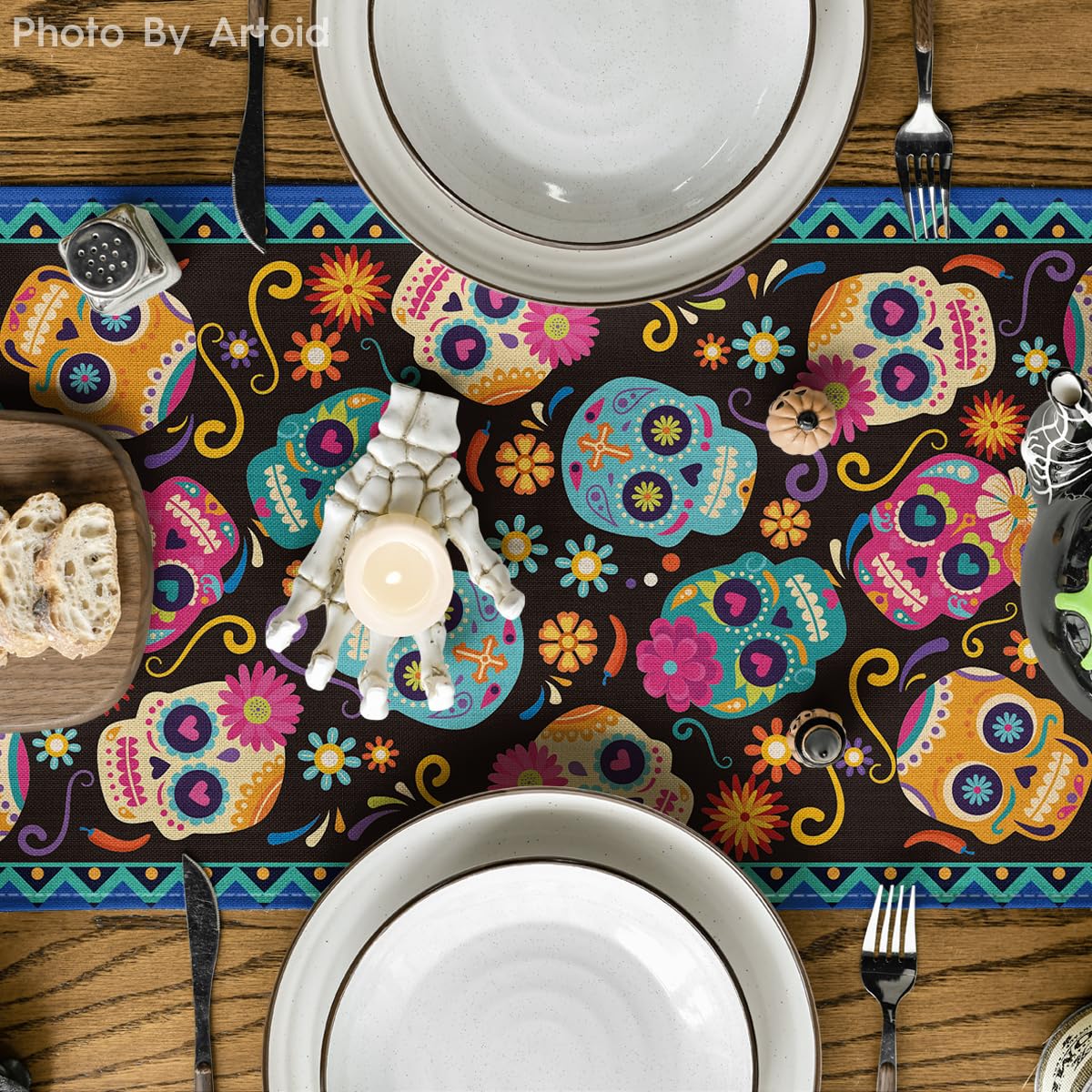 Artoid Mode Suger Skulls Floral Day of The Dead Table Runner, Halloween Seasonal Kitchen Dining Table Decoration for Home Party Decor 13x108 Inch