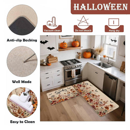 Mocsicka Halloween Kitchen Mats Set Spooky Ghost Pumpkin Kitchen Rug Gothic Floral Spider Bats Kitchen Mat for Halloween Kitchen Decor Non-Slip Washable Ghost Rug, 17 X 29 and 17 X 47 Inch