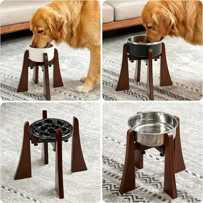 Elevated Bowl Stand 12-inch with Heavy Duty Beech Wood Made, Anti-Vomit Design for Medium Breed, Senior Dogs, Ergonomic Neck Protecting, Adjustable Diameter, Easy Clean Non Toxic