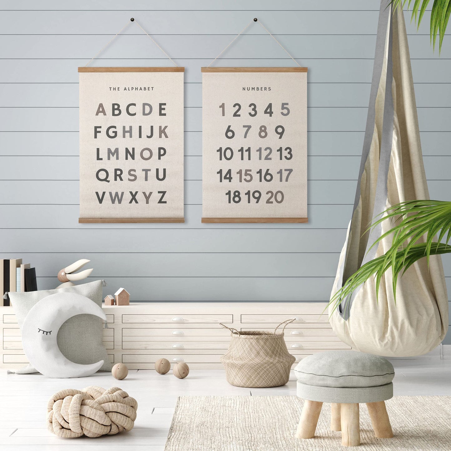 Bon et Beau 16 x 24 Inch Embroidered Number Poster Framed with Wood Hanger - Neutral Gray Wall Décor for Boys Nursery, Bedroom, Playroom, Toddler and Kids Room