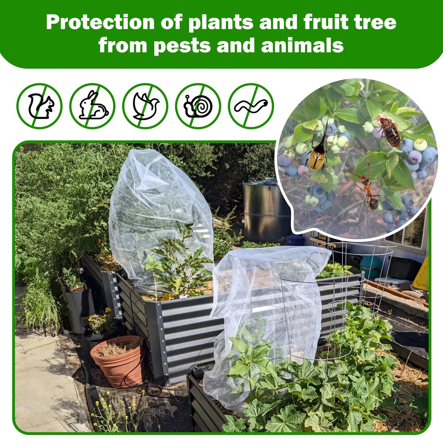 2 PCS Large Fruits Tree Netting Cover for Garden 4 x 6 ft Garden Insect Bird Barrier Plant Netting for Tomato Blueberry Bush Netting Covers Deer Cicada Netting Cover Bag with Drawstring
