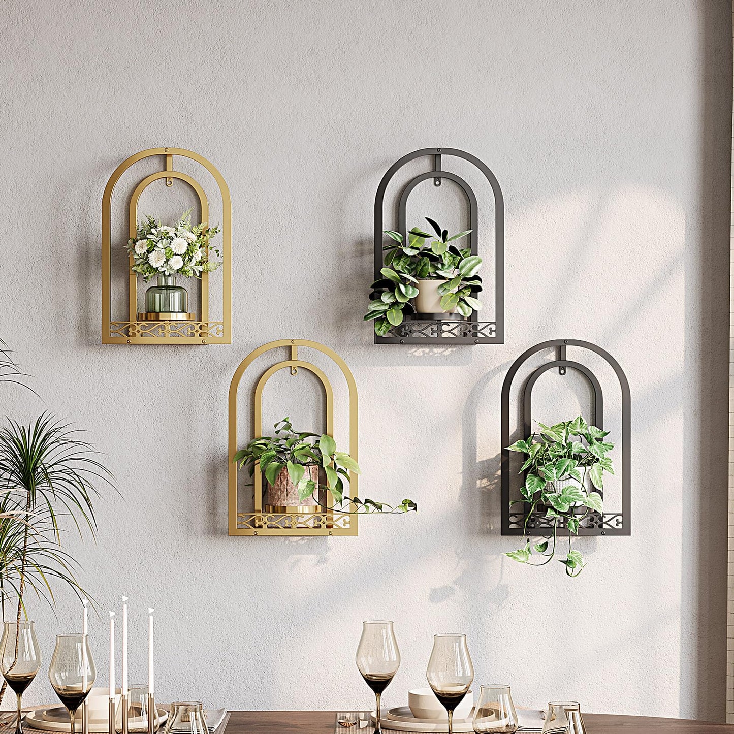 Rioneta Hanging Planter for Indoor & Outdoor Plants, Mid Century Modern Iron Frame Wall Decor for Living Room Garden Patio 3 Pack Black（No Light）