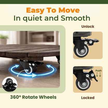 Jurax 14 Inch Wood Plant Caddy with Wheels – Heavy Duty Plant Dolly Holds Up to 286 lbs, 360° Lockable Casters, Rolling Plant Stand Indoor Outdoor for Large Pots – 2 Packs, Round-Rustic