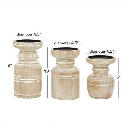 Deco 79 Wood Pillar Candle Holder with White Wash Finish, Set of 3 9", 8", 6"H, Brown