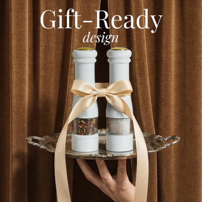 Electric Salt and Pepper Grinder Set - Styled Settings White Electric Salt and Pepper Shakers, Automatic Stainless Steel Set with LED Light, Battery Operated, Adjustable Coarseness, Wood Base