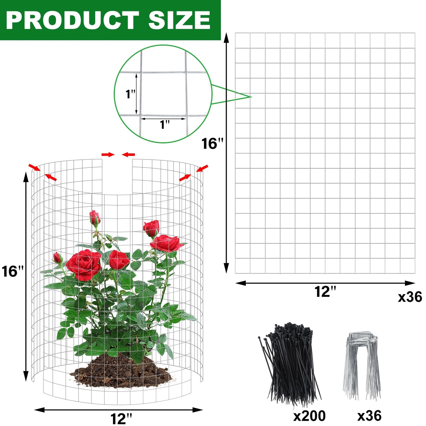 winemana 12 Set Garden Plant Protector Cage, 36 Pcs 16x12 IN Metal Wire Protectors for Plants Protection Cages with Stakes Nylon Ties Animals Barrier to Keep Rabbit Chicken Away from Flower Vegetables