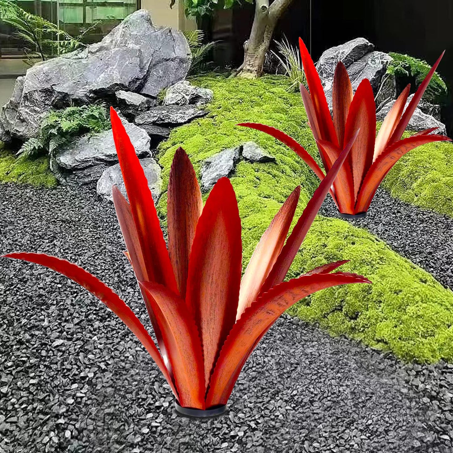 TOMBABY Enlarge Thickened Wind Resistant Metal Agave Garden Art Metal Plant Country Garden Sculpture Statue Outdoor Decoration Agave Metal Plant Courtyard Lawn Ornament Gift (2, 12 Leaves red)