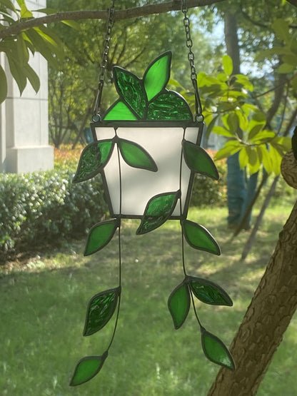 Green Plant Decor Stained Glass Window Hanging,Handcrafted Faux Plant Stained Glass Suncatcher for Window Hanging,Birthday Mother's Day for Women,Plant Lovers
