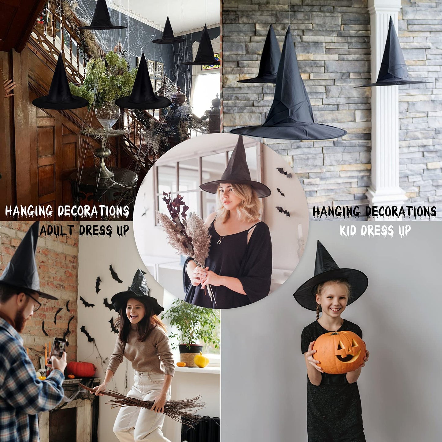 LINAYE Witch Hat XXL Kit - Halloween Decorations Including 12 PCS Black Witch Hats, 16 PCS 3D Bats, Spider Web, Creepy Cloth, Hanging Rope - Costume Headwear