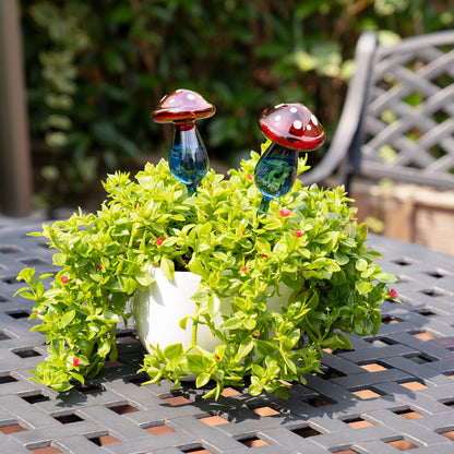 NiHome Mushroom Spike Self-Watering Bulb 2-Pack 10" Long Gradient Red Blue Hand-Blown Glass Globe Pot Plant Waterer for Home Indoor Outdoor Garden Patio Hanging Flower Automatic Irrigation System