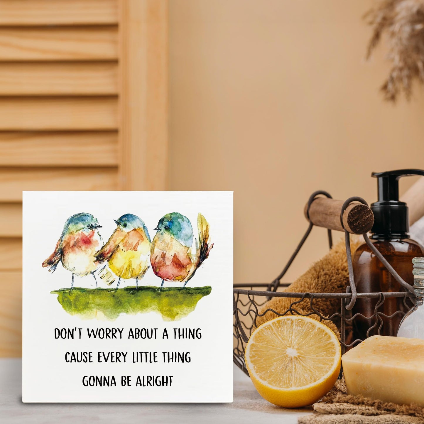 Kneaotoaji Inspirational Gifts Wooden Sign - Three Little Birds Decor for Home Farmhouse, Don't Worry About a Thing Cause Every Little Thing Gonna Be Alright Wood Box Sign 5x5 Inch