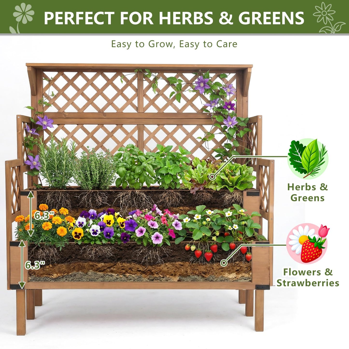Raised Garden Bed with Trellis, 2-Tier Elevated Planter Box, Wooden Outdoor Planter for Vegetables Herbs Flowers, Lattice Back for Climbing Plants, Modern Minimal Design for Patio Balcony Backyard