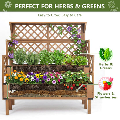Raised Garden Bed with Trellis, 2-Tier Elevated Planter Box, Wooden Outdoor Planter for Vegetables Herbs Flowers, Lattice Back for Climbing Plants, Modern Minimal Design for Patio Balcony Backyard