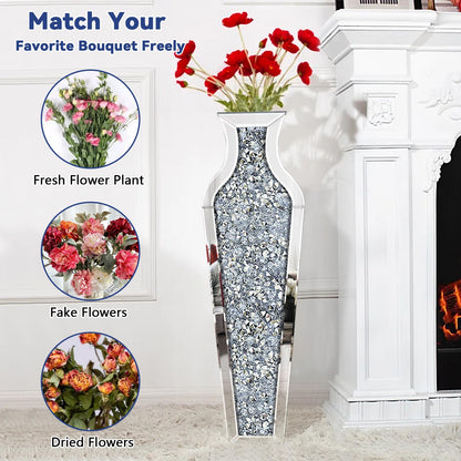 GA Home 27" Tall Crushed Diamond Floor Vase, Silver Large Vases for Decor Living Room, Crystal Mirrored Home Decor Vases for Dried Flower