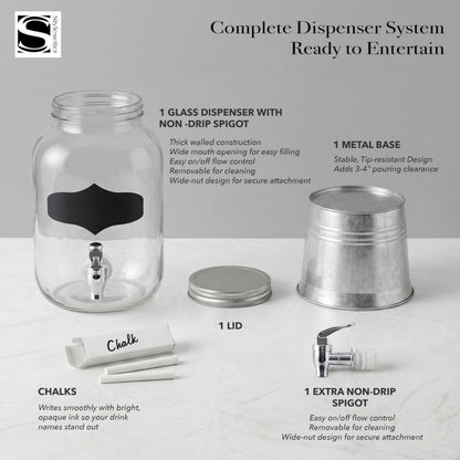 Style Setter Bristol Beverage Dispenser with Blackboard and Ice Bucket Stand Cold Drink Wine Juice with 1 Gallon Capacity Glass Jug and Leak-Proof Acrylic Spigot Great for Parties, Weddings and More