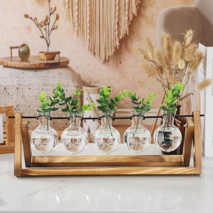 Modern Crystal Test Tube Vases with Wooden Stand Holder Set, Artistic Creative Hydroponics Vase Ornaments, Desktop Bulb Glass Vase, Plant Terrarium Stand for Home Office Garden Decor(U Shaped Rod)